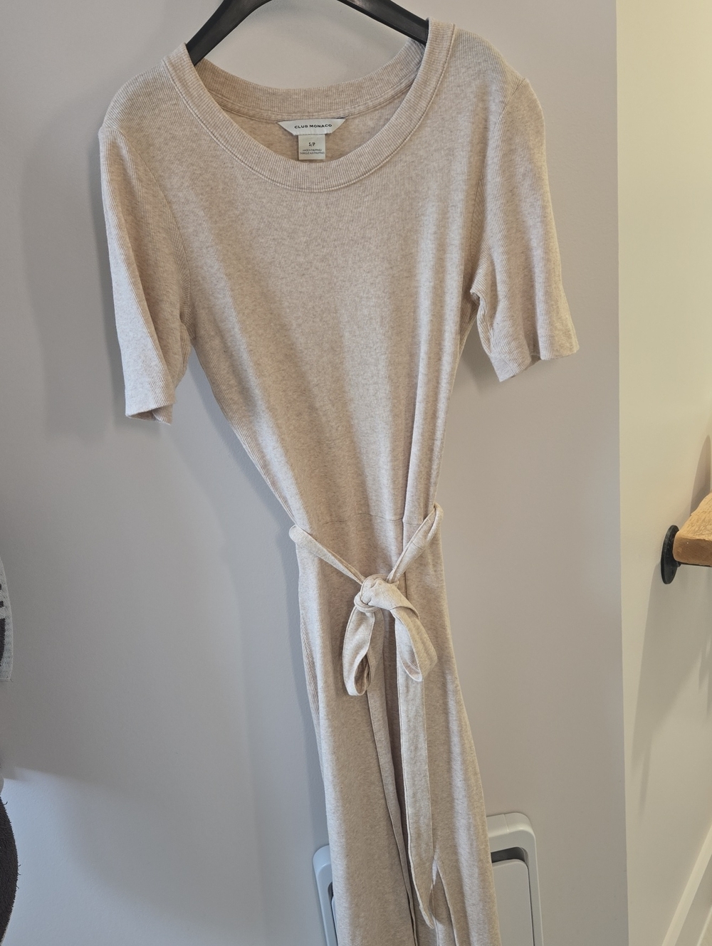 Club Monaco Neutral Beige Short-Sleeve Tie-Waist Midi Dress